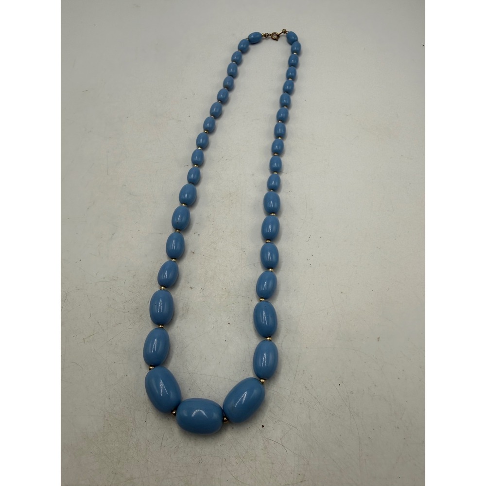 Vintage Graduated Blue Oval Bead Necklace Gold Tone Spacers 24 Inch